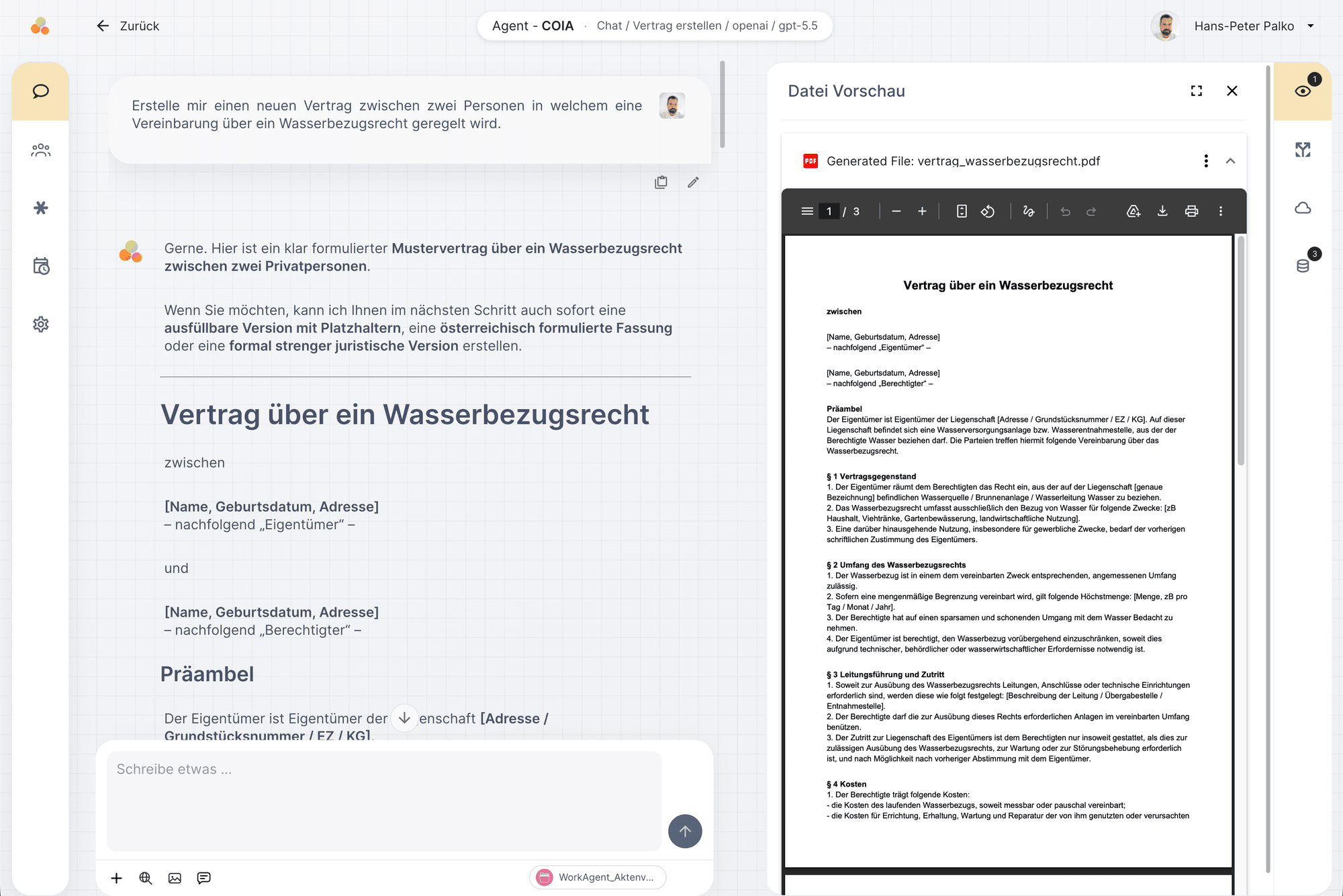COIA creates and edits files directly in the chat, with preview and file storage