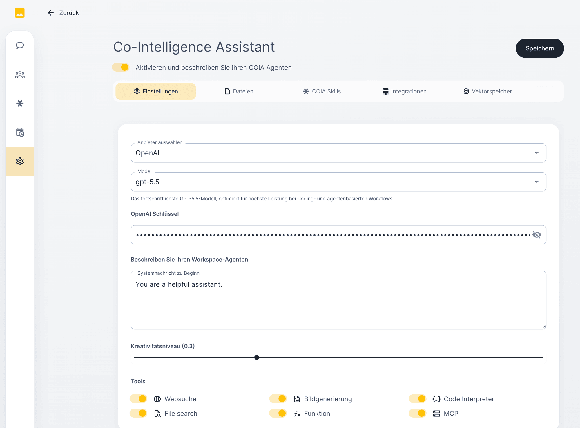 COIA settings: connect a language model with your own API key