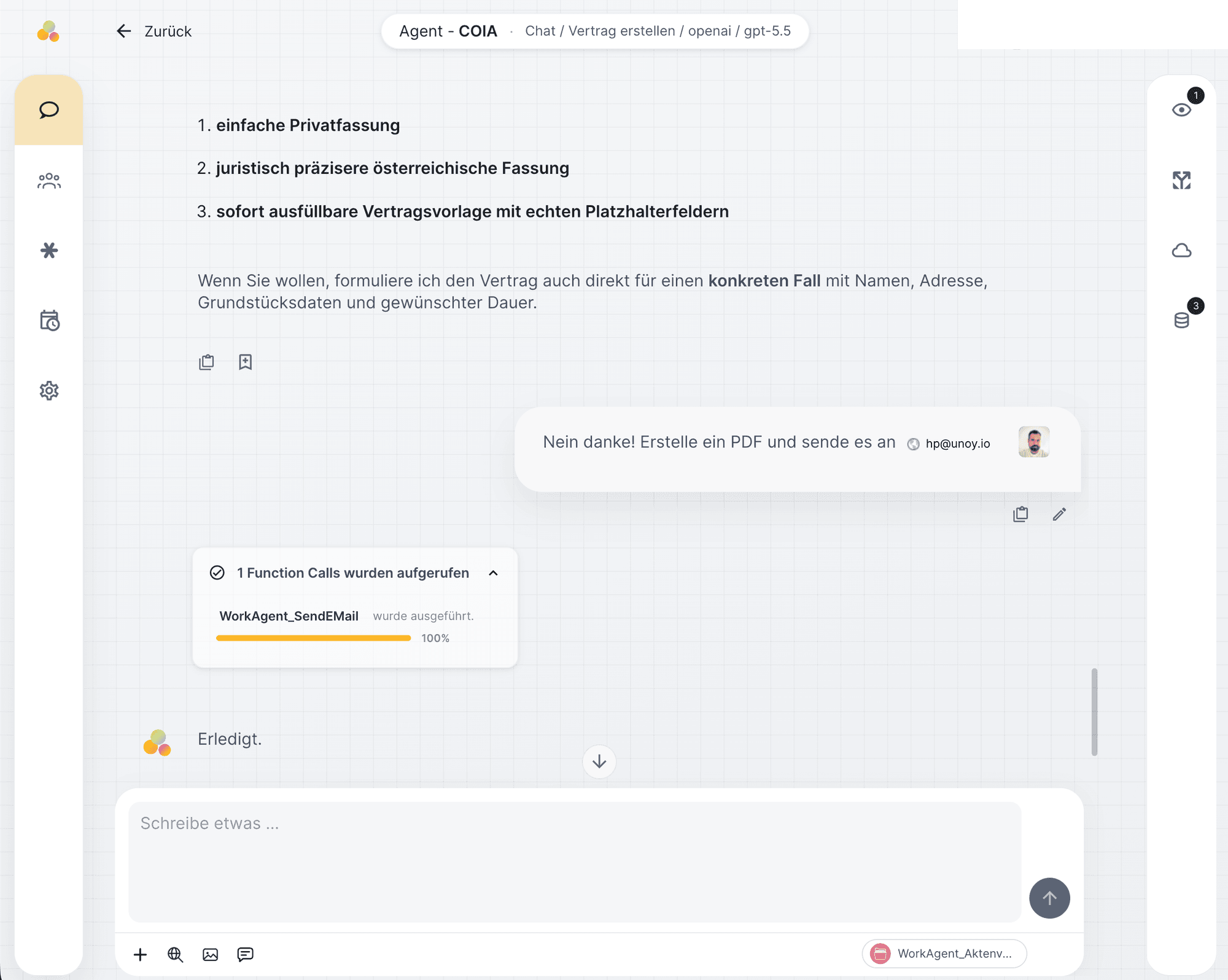COIA erstellt im Chat einen Vertrag als PDF mit Dateivorschau