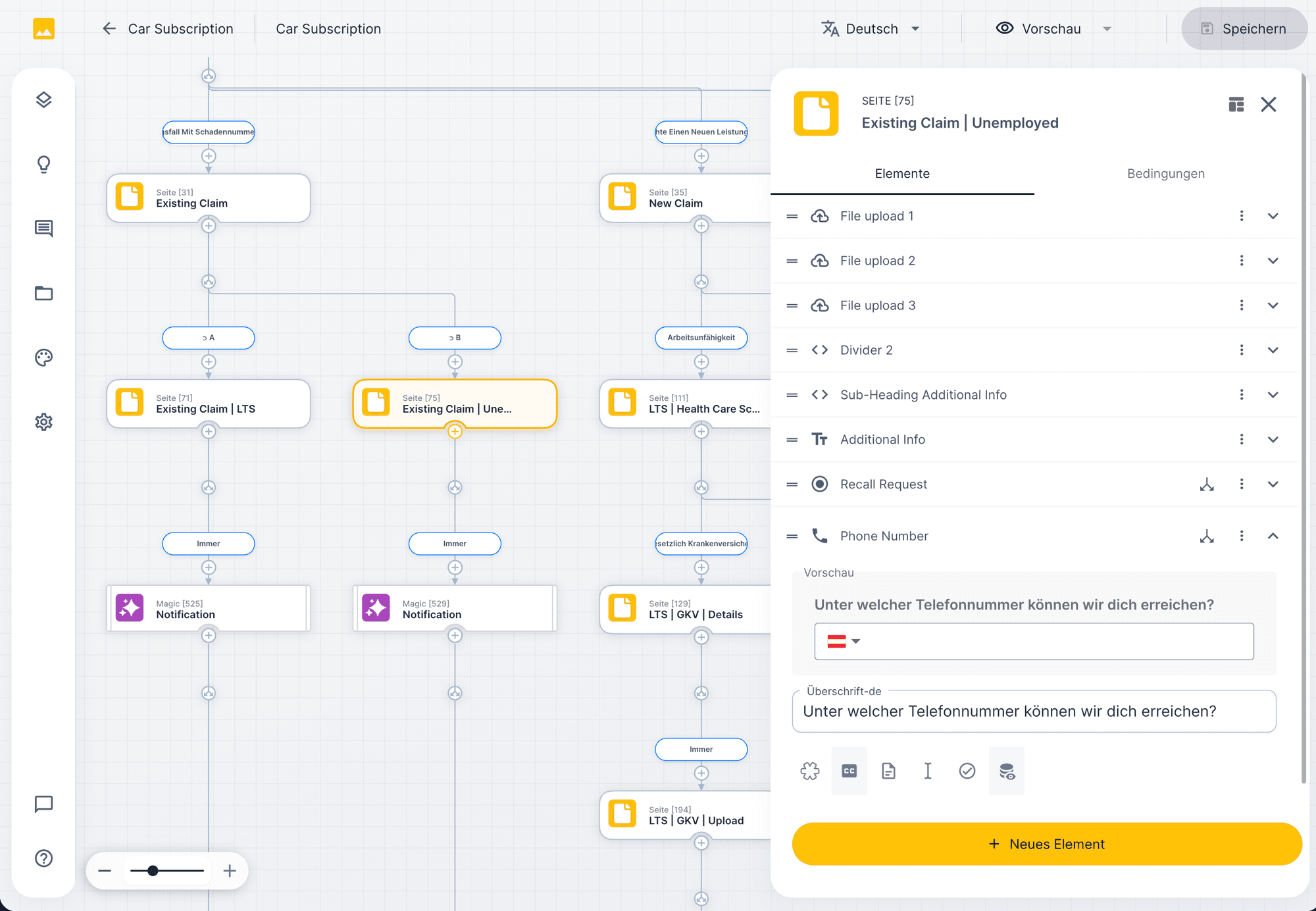 UNOY workflow node, element properties with file upload, sub-heading, and phone number fields