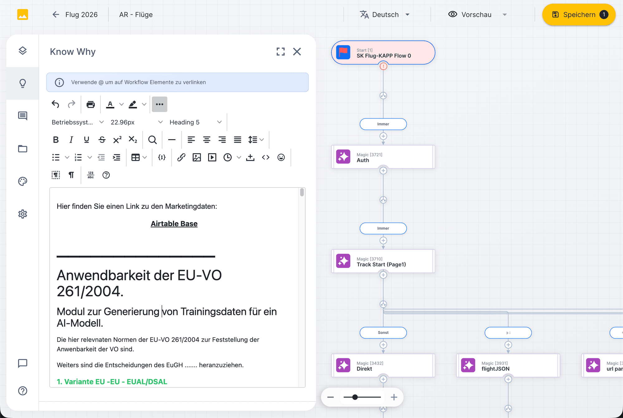 Know-why tab documenting standard, date, and rationale per workflow