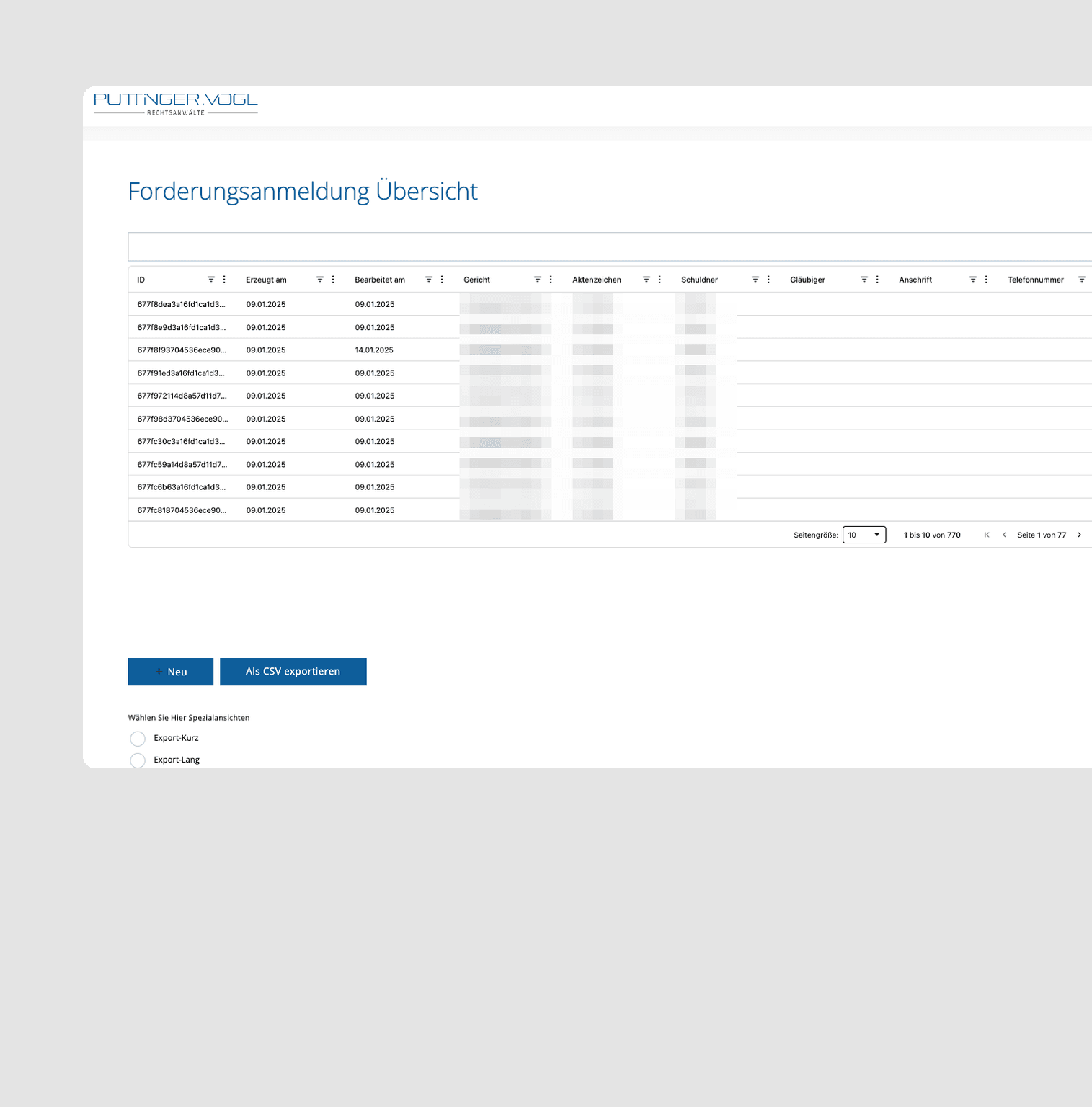 Puttinger Vogl, proof-of-claims overview in UNOY