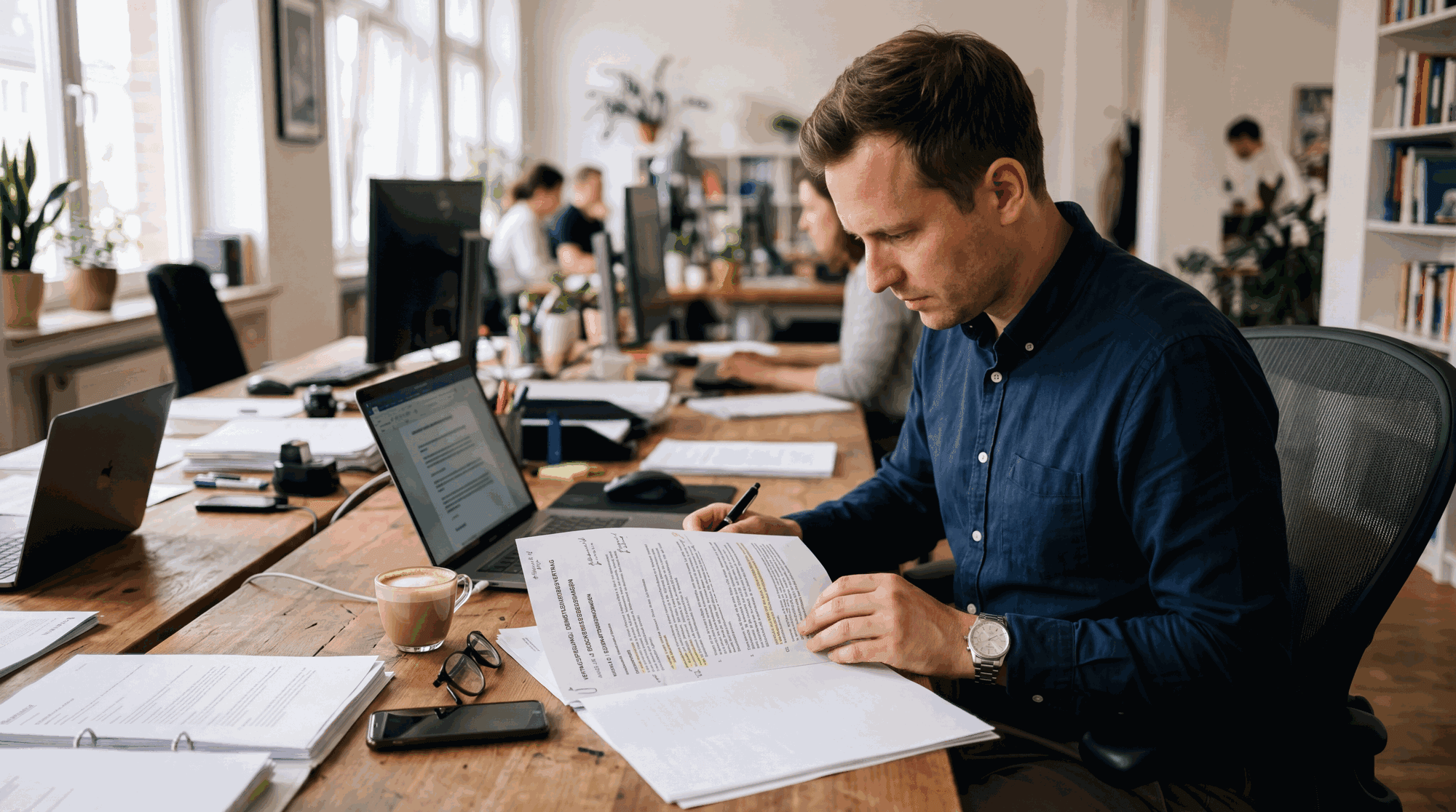 Lawyer reviewing documents in a law-firm office