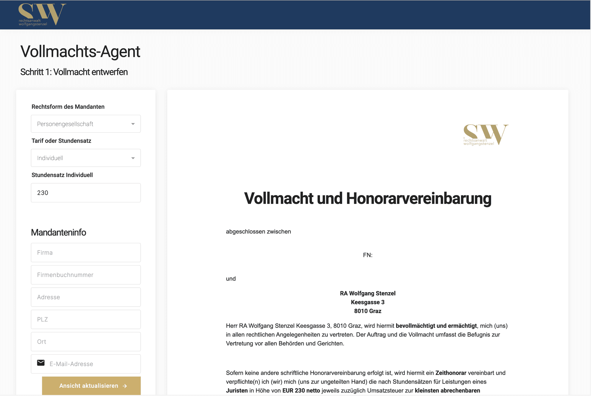 Stenzel Vollmachts-Agent, template-basiert generiert in UNOY