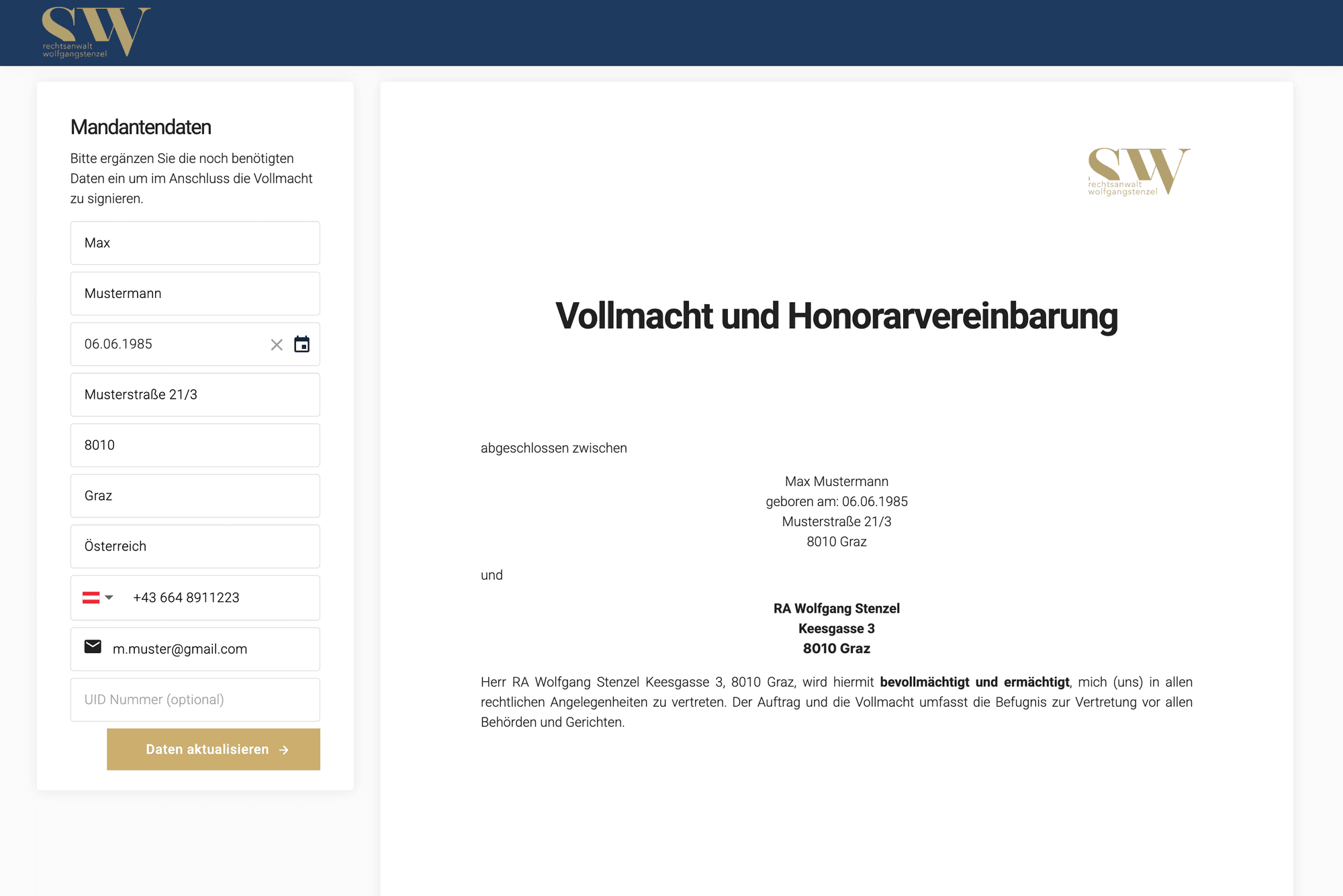 Stenzel Mandantendaten & Vollmacht-Honorarvereinbarung in UNOY
