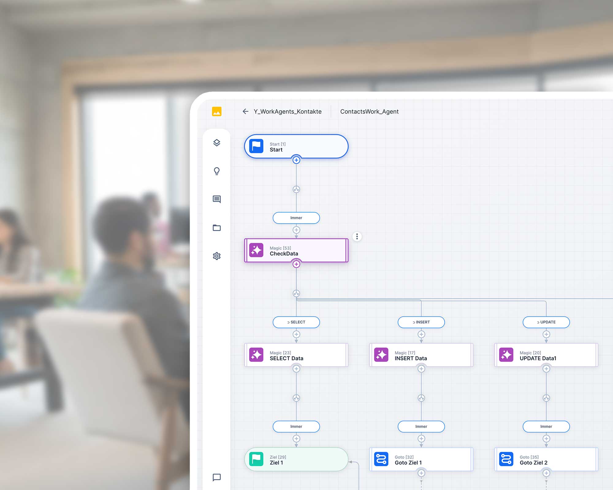 UNOY workflow with database operations: Start, CheckData, SELECT/INSERT/UPDATE