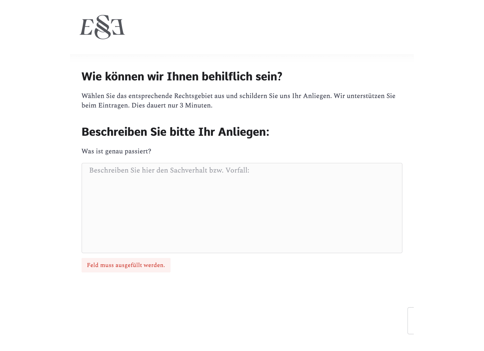 Esterer & Ellmauthaler Klientenonboarding-Workflow: Rechtsgebiet auswählen und Sachverhalt schildern