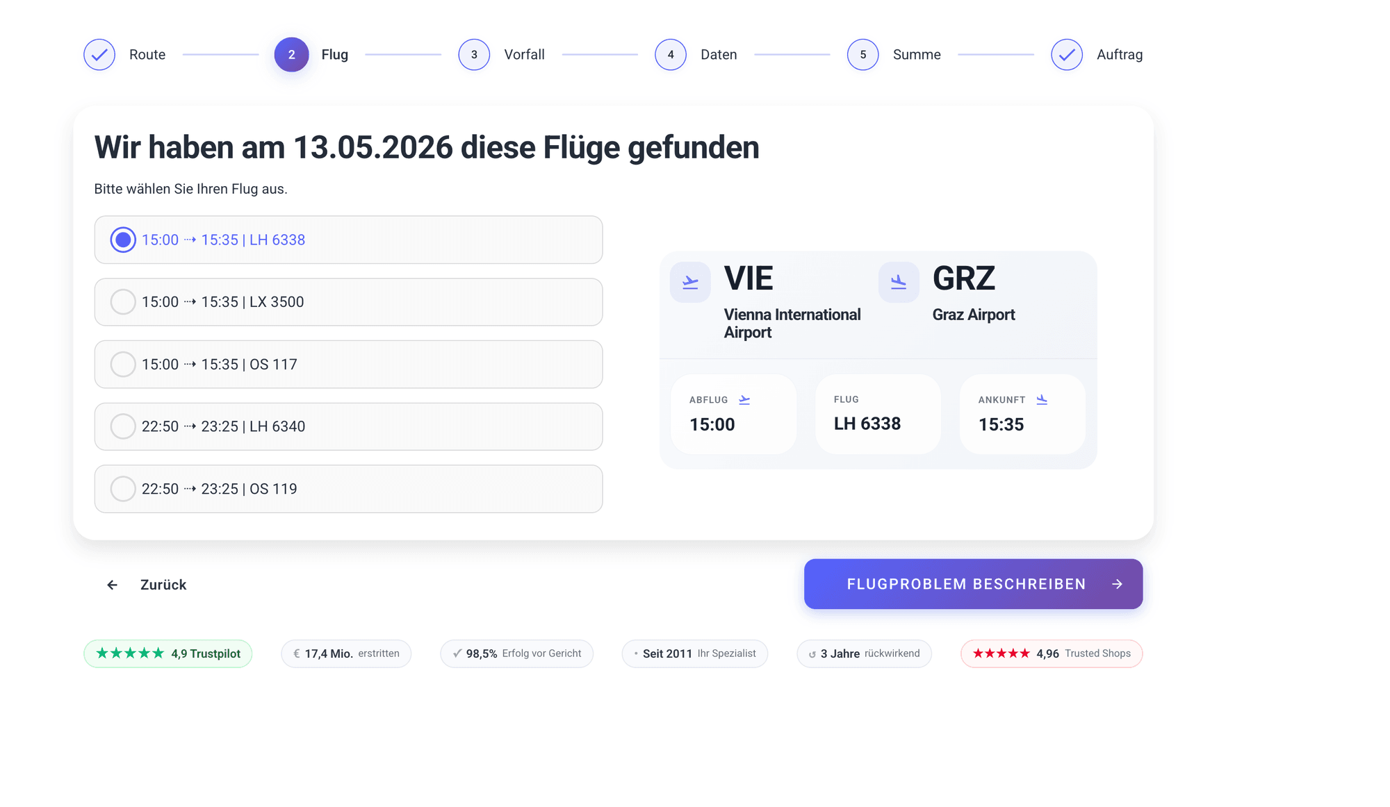 FairPlane claims calculator: flight selection with data from the Eurocontrol API