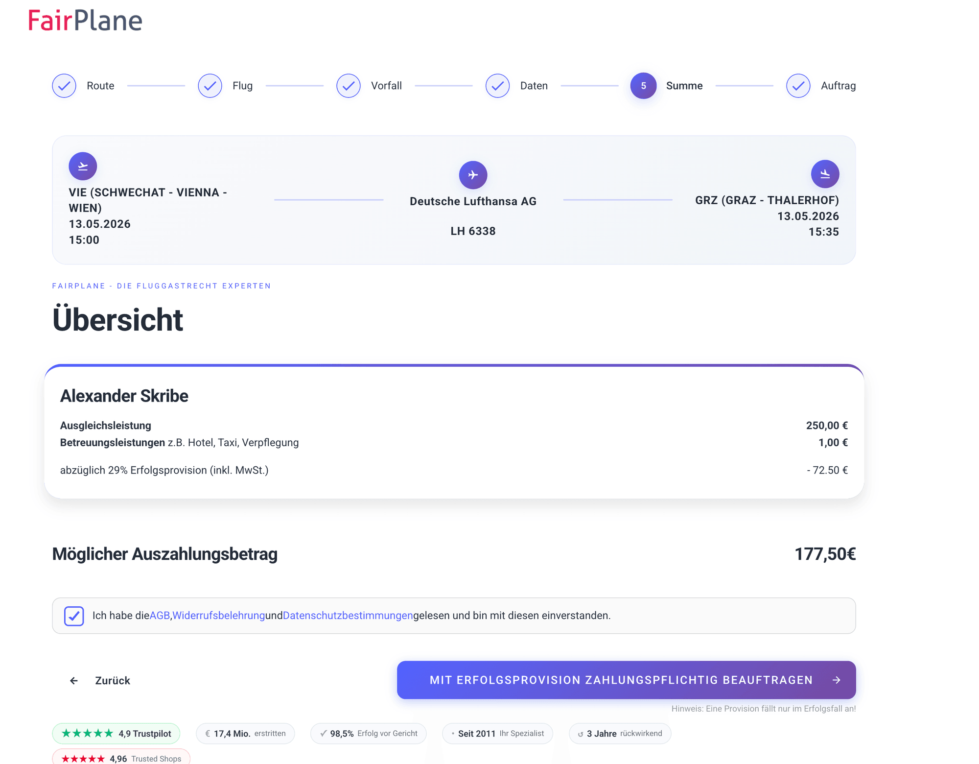 FairPlane: offer with payout amount and success commission, legally controlled, with source reference and audit trail