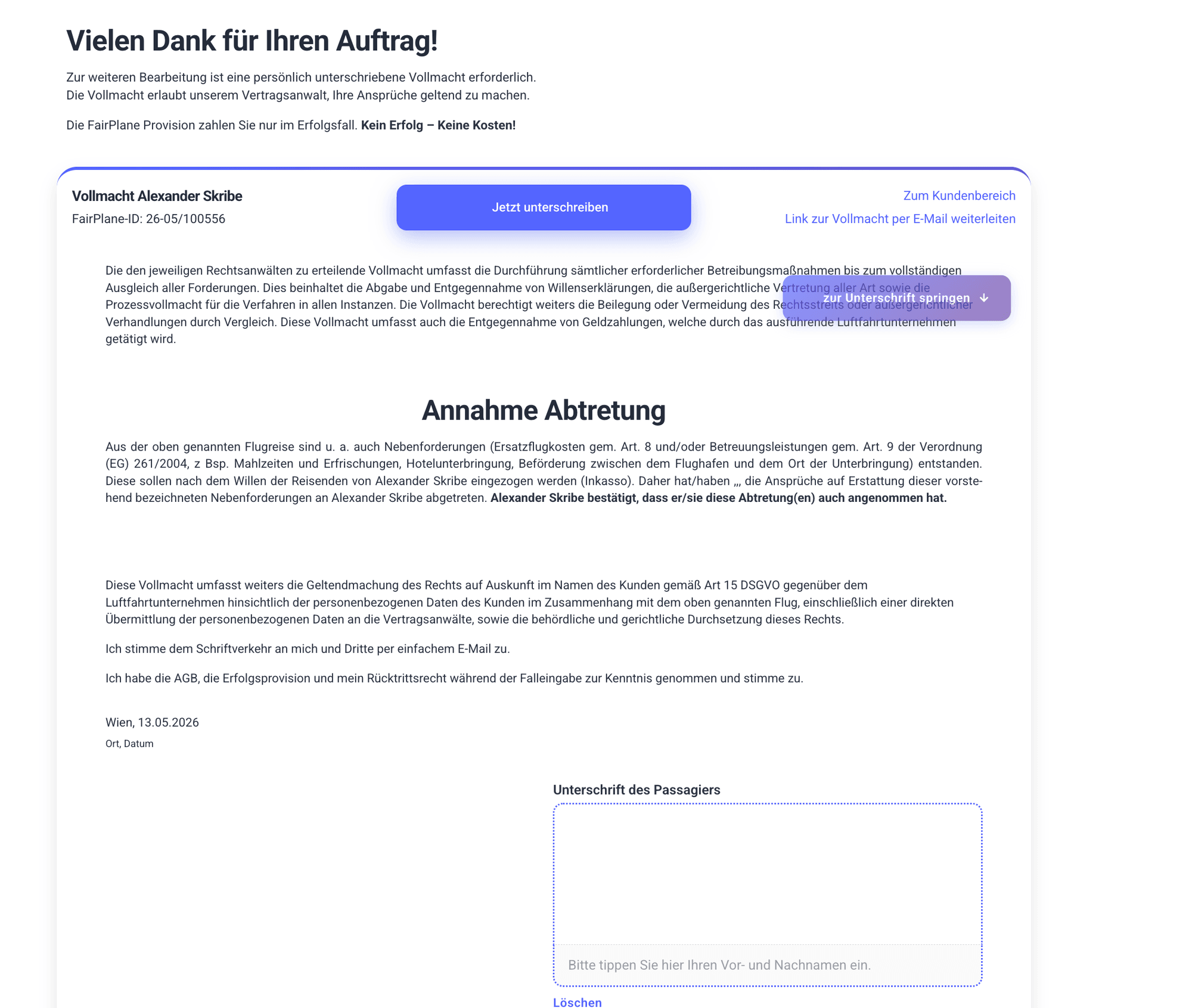 FairPlane: power of attorney for Skribe Rechtsanwälte with digital signature