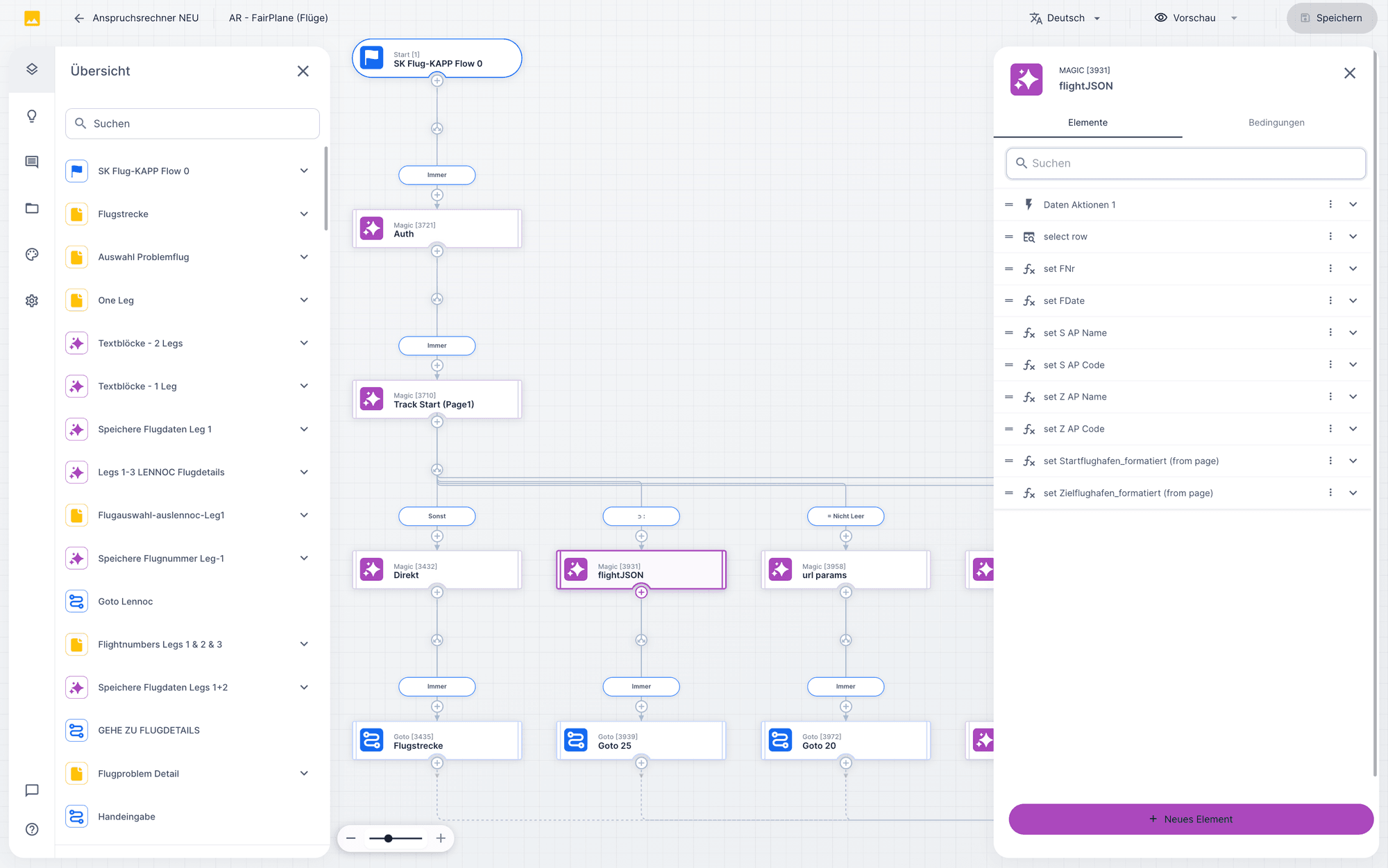 FairPlane workflow designer in UNOY OS: claims calculator as editable rule logic